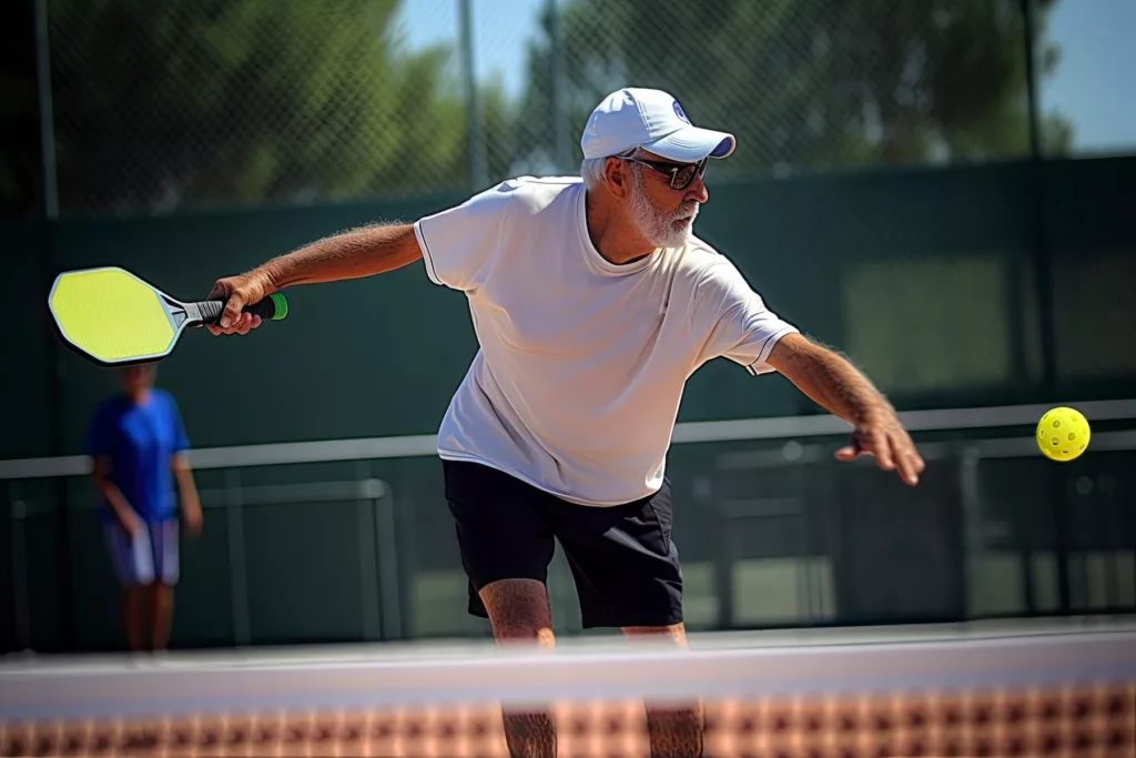 Photo of an elderly man holding a pickleball racket on a pickleball court.