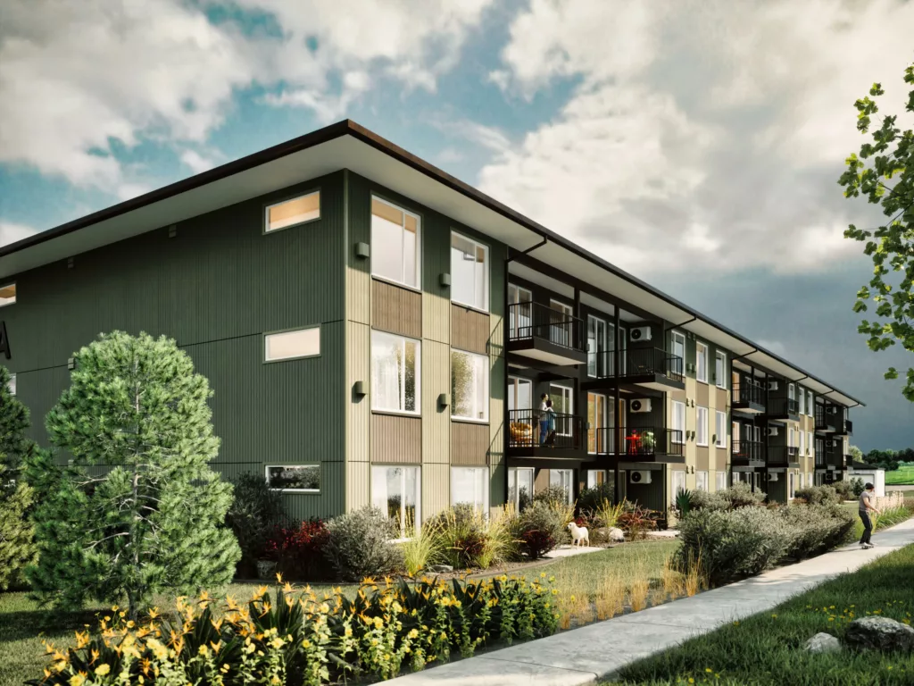 A rendering of a the new Magnesium Village apartment complex, showcasing modern architecture and lush landscaping.