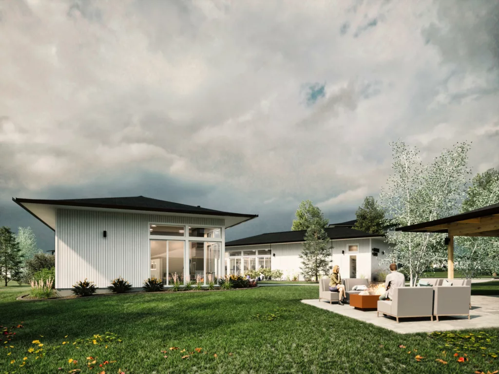 A rendering of a the new Magnesium Village apartment club pavilion showcasing modern architecture and lush landscaping.