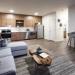 Open concept living room and kitchen of the 1 bed 1 bath floor plan, angle 1