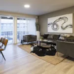 Staged living room of the 2 bed 2 bath floor plan
