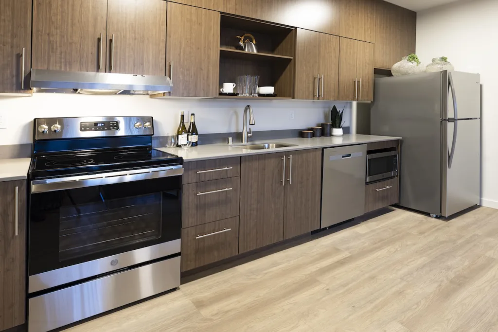 Kitchen with stainless steel appliances of the 2 bed 2 bath floor plan