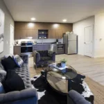 View of the kitchen from the living room on the 2 bed 2 bath floor plan